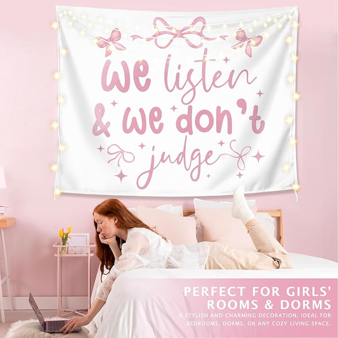 LIANGW Coquette Pink Bow Tapestry Wall Hanging, Preppy Room Decor, We Listen and We Don't Judge Aesthetic Wall Blanket, Pink Girly Aesthetic Decor for Girls Room, Dorm, Apartment, 50x60 Inch