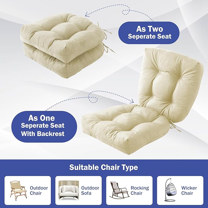 Outdoor Chair Cushions Set of 2, Patio Chair Cushions with Ties, 19x19+5” Tufted Outdoor Seat Cushions, Waterproof Patio Furniture Cushions, Outdoor Dining Chair Pads, Beige