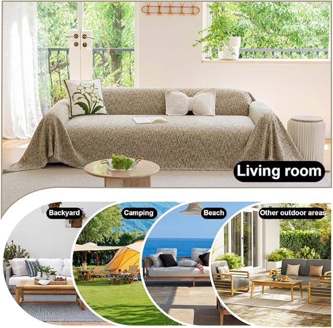 ROOMLIFE Boho Beige Couch Cover for Dogs, Washable Non Slip Furniture Protector Couch Sofa Covers for 3 Cushion Couch, Soft Chenille Couch Cover Throw Blanket with Tassels 71''X150''
