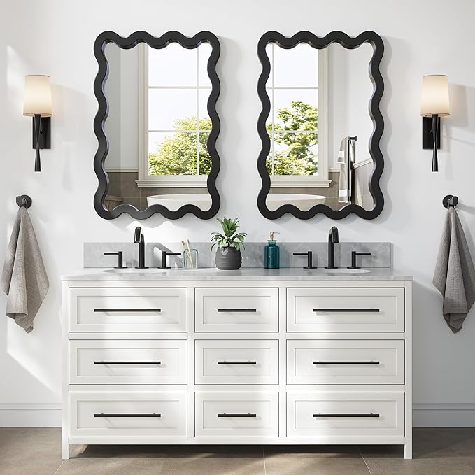 24"x36" Matte Black Wavy Wall Mirror for Bathroom Vanity, Large Solid Wood Asymmetrical Mirror, Irregular Squiggle Mirror for Bedroom, Modern Funky Aesthetic Decor