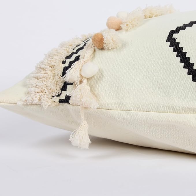 Boho Lumbar Pillow Cover with Tessels 12x 20, Pompom Geometric Woven Tufted Ethnic Decorative Linen Pillow Cushion Case, Cream Decorative Pillows for Bed, Outdoor Couch Car