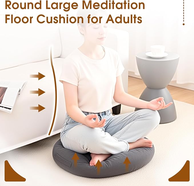 Floor Pillows for Adults, 22x22x6 Inch Meditation Cushions, Large Round Sitting Cushion Living Room Memory Foam Pillow for Sitting (1, Grey, 22x22x6 Inch)