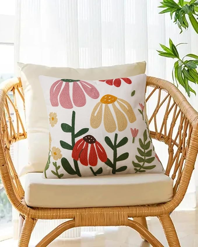JASEN Embroidered Floral Boho Throw Pillow Cover 18x18 Inch - Decorative Cotton Pillow Case for Couch, Sofa, Bedroom, Living Room - Farmhouse Home Aesthetic Housewarming Gifts (Floral, 18" x 18")
