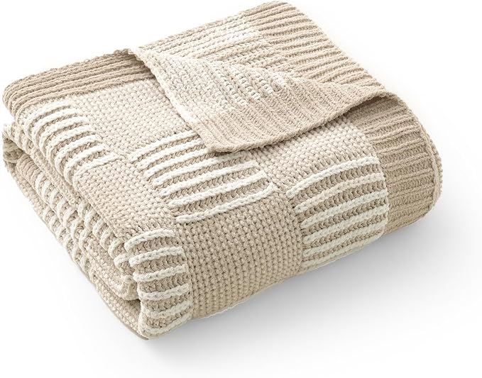 Amélie Home Checkered Knit Throw Blanket for Couch, Chenille Texture Decorative Soft Blanket for Sofa & Chair, 60"x80", Beige & Ivory