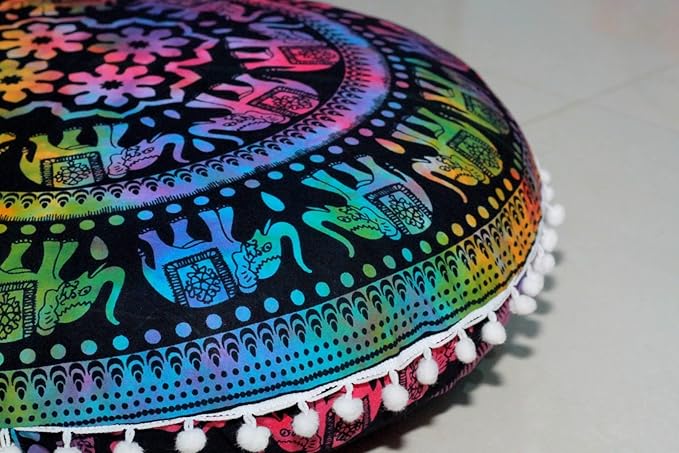 CRAFT KALA 22" Round Mandala Boho Pillow Cover Meditation Room Seating Poufs Cover for Living Room Yoga Room Home Bedroom Balcony Garden Party Decoration Cotton Floor Cushion Cover,Multi U.P Elephant