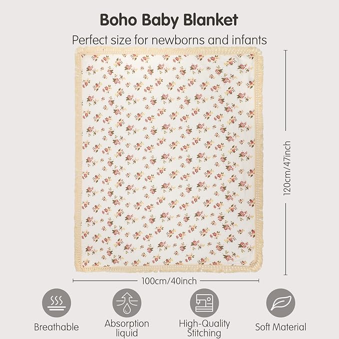 insular Cotton Muslin Baby Blanket with Tassel, Boho Bohemian Muslin Swaddle Blanket Baby Receiving Blanket with Fringe, Nursery Decor Throw or Nursing Blankets, 47" x40”, Floral