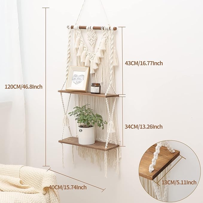 ANROYE 2 Tier Macrame Boho Wall Hanging Shelf, Handmade Bohemian Wooden Woven Plant Floating Shelves Decor, Decorative Chic Organizer for Bathroom Women Bedroom Girl Nursery Storage