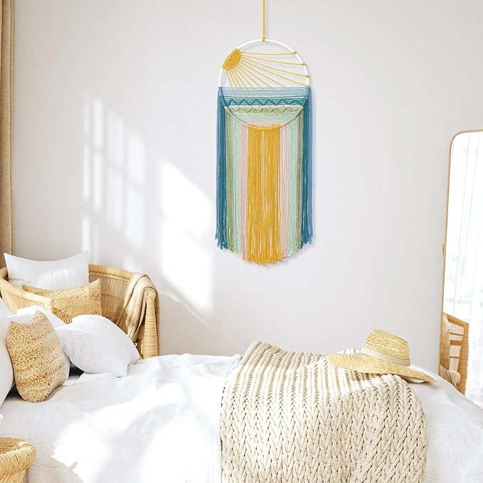 MEIVINES Macrame Wall Hanging 11.8x27.6 Inches Boho Decor Sun Wall Art Dream Catchers Woven Hanging Tapestry Tassels Handmade Colorful Tapestry for Bedroom Living Room Nursery Apartment