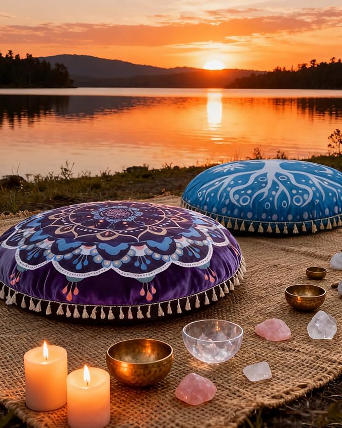 Hihealer Meditation Cushion, Large Velvet Floor Pillow for Yoga, Meditation & Mindfulness, Supportive Memory Foam Bolster (Purple)