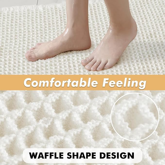 MIULEE Set of 2 Waffle Bathroom Runner Rugs, Boho Bath Rugs Non Slip Washable, Super Absorbent Runner Bath Mats, Rubber Backed Shower Mats for Hallway Bedroom Laundry Room, White, 2'x6'(24x72 Inch)