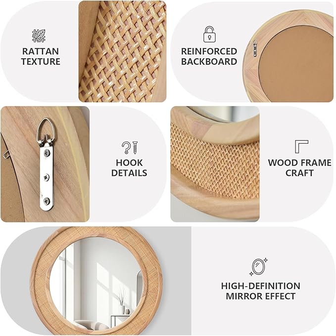 24" Round Rattan Mirror, Circle Wall Mirror, Farmhouse Wooden Vanity Mirror with Handmade Wicker Frame, Decorative Boho Mirror for Nursery Bedroom Living Room Entryway Nature