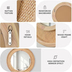 Round Rattan Mirror, 30" Circle Wall Mirror, Farmhouse Wooden Vanity Mirror with Handmade Wicker Frame, Decorative Boho Mirror for Nursery Bedroom Living Room Entryway Nature