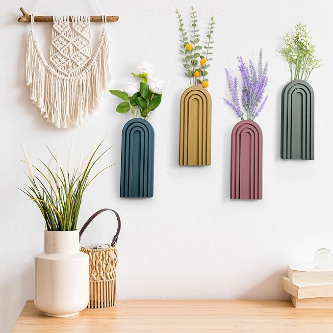 4 Pack Wood Wall Planter Indoor Wall Decor Plant Holders Boho Hanging Planter Vases for Modern Farmhouse Living Room Bedroom Rainbow Decor (Morandi Color)