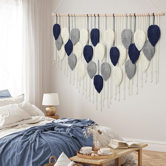 Weldomcor Large Macrame Wall Hanging Leaf Boho Woven Tapestry, Bohemian Chic Wall Hanging Feather Handmade Wall Art Home Decor for Bedroom Living Room Apartment Nursery Office Decoration 51.5"Wx33.5"L