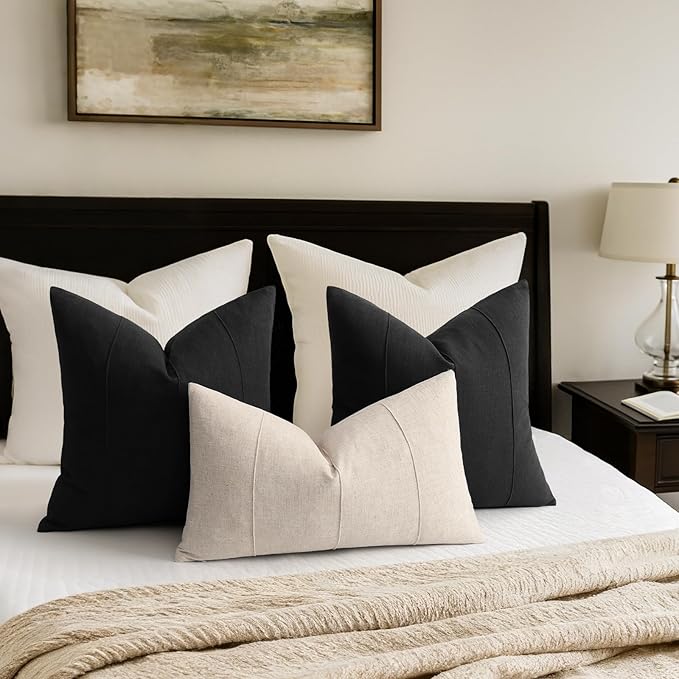ZWJD Decorative Linen Throw Pillow Covers 18x18 Set of 2 Solid Handcrafted Striped Cushion Covers for Bed Soft Modern Farmhouse Neutral Pillowcase for Couch Bedroom Living Room Home Decor(Black)