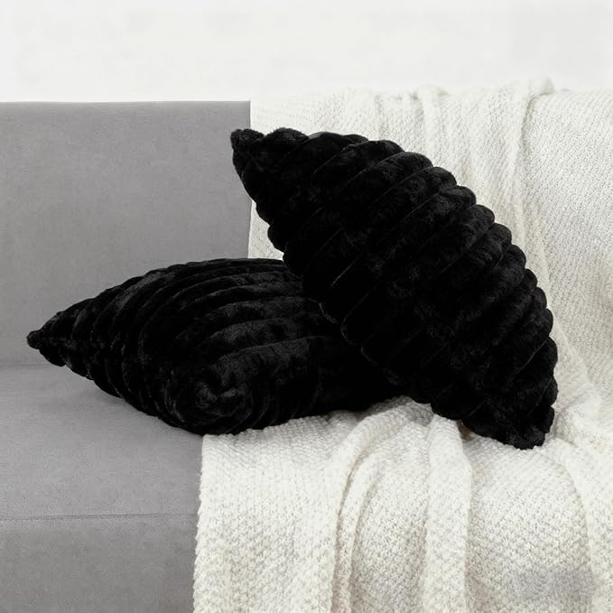 2 Pack 22x22 Double-Sided Faux Fur Pillow Covers, Plush Throw Pillow Covers for Living Room Decorations Throw Pillow Case, Throw Pillow Cover Cushion Cover for Home Sofa Car, Black