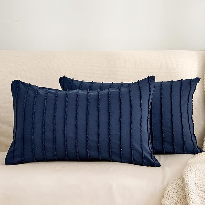 JELLYMONI 2 Pack Navy Blue Pillowcases 12" x20", Soft Microfiber Striped Tufted Pillow Covers(Pillows are not Included)