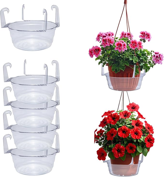 Curtis Wagner Plastics Hanging Basket Drip Pans (5-Pack) | Clear, Round (Diameter = 6.25" Base, 8" Top, 3.5" Depth) Hanging Plant Tray Saucer with Built-in Hooks & Water Catcher for Indoor & Outdoor