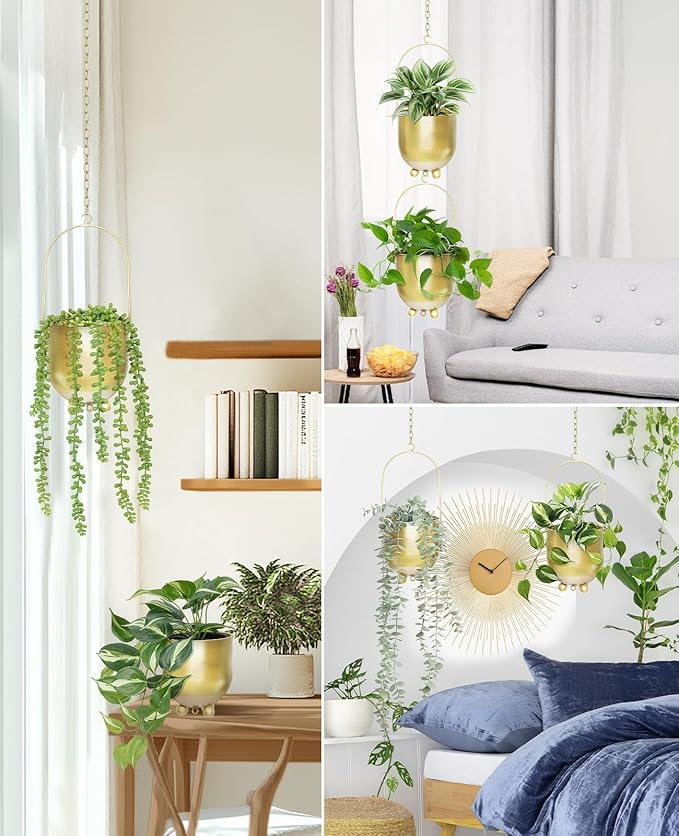AceList Gold Hanging Planters for Indoor Plants, Set of 2-4.5 inch Metal Plant Hangers from Ceiling or Wall, Modern Boho Window Flower Pots, Pothos, Ivy - No Drainage Hole