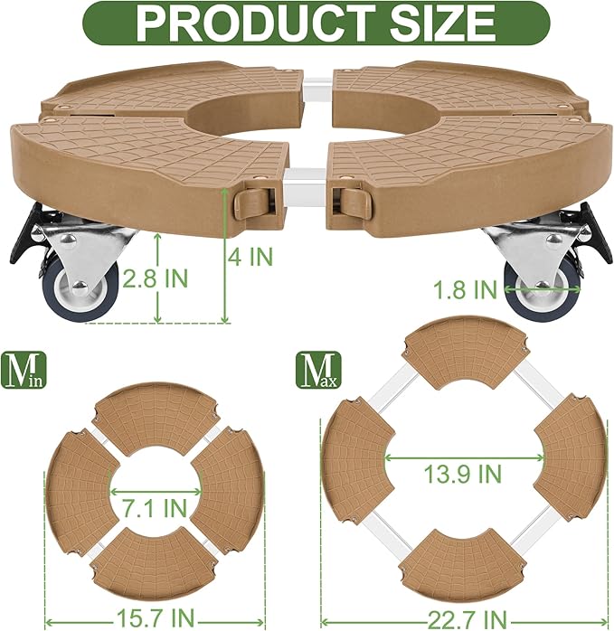 ToLanbbt 2 Pack Plant Caddy Stands with 360° Wheels Adjustable 15-22 IN Rolling Stands Heavy Duty Large Plant Carts Dolly with Casters 440lbs Capacity for Large Planter, Garden Pot, Flower Pot, Khaki