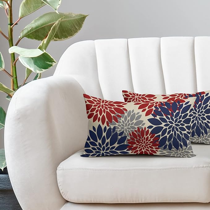4th of July Pillow Covers 12X20 Inch Set of 2, Patriotic Blue Red Grey Dahlia Floral Print Holiday Decorative Rectangle Throw Pillow Covers Outdoor Farmhouse Cushion Case for Couch Sofa Bed Decor