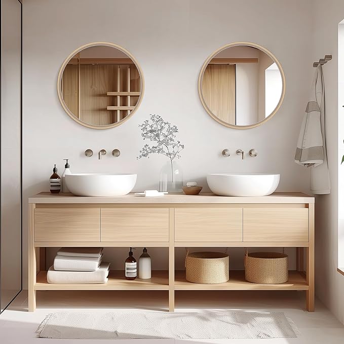 WallBeyond Round Wood Mirror 24 inch Circle Wall Mirror for Bathroom Round Wall Mirror for Wall Decor, Vanity, Entryway Living Room (Natural)