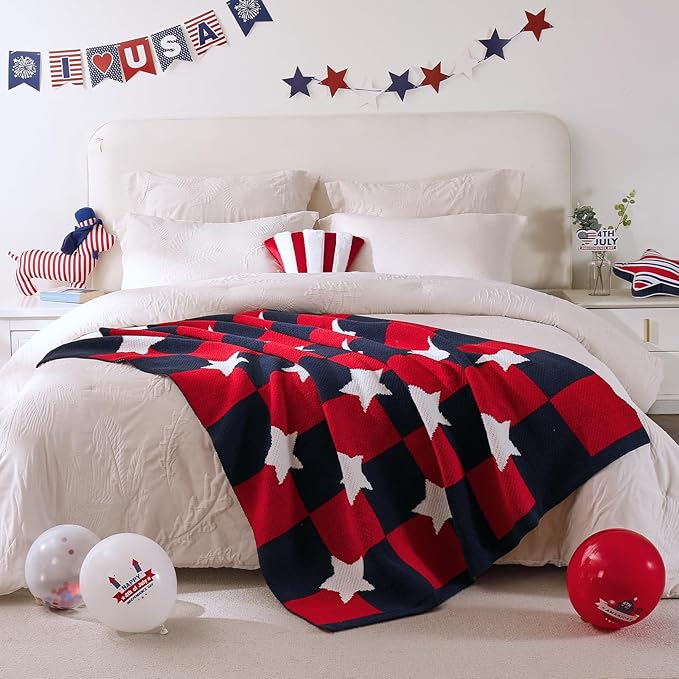 Amélie Home Patriotic Ultra Soft Knit Chenille Throw Blanket - Red White Blue Stars American Flag Pattern Cozy Blankets for Couch, 4th of July Memorial Independence Day Gifts, 50"x60", Red&Blue