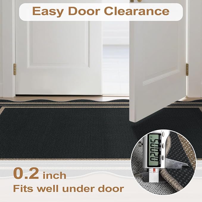 Easy Jute 3x5 Outdoor Patio Rug, Washable Rugs for Entryway Black Modern Indoor Kitchen Rugs, Farmhouse Neutral Non Slip Scalloped Carpet for Living Room Backyard