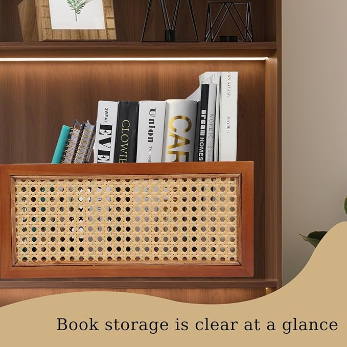 Wooden Storage Basket with Rattan Cane Webbing, Brown, Handles, Book, Office, Desktop Basket