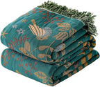 Boho Throw Blanket - 100% Cotton Soft Throw Blanket for Bed, 50"x60" Reversible Breathable Lightweight Spring Blankets, All Seasons Farmhouse Decor Floral Plant Bird Throw Quilt