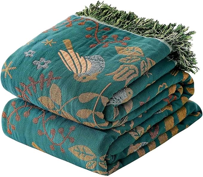 Boho Throw Blanket - 100% Cotton Soft Throw Blanket for Bed, 50"x60" Reversible Breathable Lightweight Spring Blankets, All Seasons Farmhouse Decor Floral Plant Bird Throw Quilt