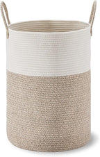 VIPOSCO Large Laundry Hamper, Tall Woven Rope Storage Basket for Blanket, Toys, Dirty Clothes in Living Room, Bathroom, Bedroom - 58L White & Brown