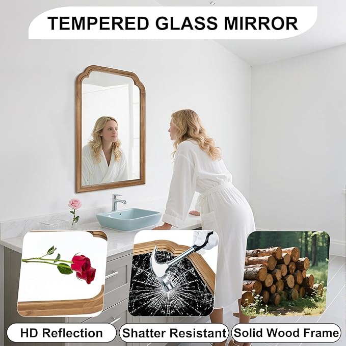 Wood Bathroom Mirror for Wall, 36 x 24 Inch Large Decorative Wall Mirror with Rustic Wooden Frame for Living Room, Vanity, Bedroom, Entryway, Farmhouse