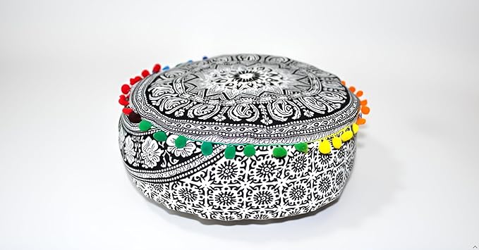 CRAFT KALA Black Elephant Flower Large Hippie Mandala Meditation Floor Ottoman Pillow Cushion Pouf Cover Square Poufs Bohemian Floor Cushion Case Outdoor Fireplace Living Room Decor Cover 18" Round