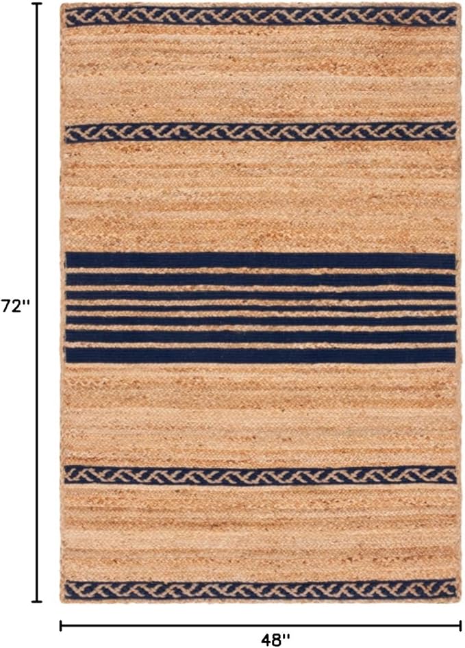 SAFAVIEH Natural Fiber Collection Accent Rug - 4' x 6', Natural & Navy, Handmade Stripe Boho Farmhouse Rustic Braided Jute, Ideal for High Traffic Areas in Entryway, Living Room, Bedroom (NFB262N)