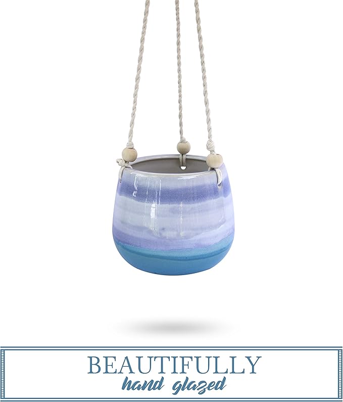 23 Bees Ceramic Hanging Planter | Blue Succulent Pot | Round Plant Holder Container | Cactus Pot with Cotton Rope Hanger | Indoor Outdoor Decor | 6" Diameter x 5" Height | 1 Pack x Blue Horizon