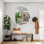 White Irregular Oval Wall Mirror Large 26"x18" Inches Asymmetrical Mirror Modern Wood Frame Unique Shape Wall Mounted Vanity Artistic Mirror Decor for Living Room Bedroom Bathroom Entryway