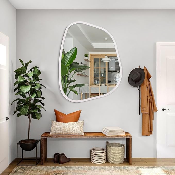 White Irregular Oval Wall Mirror Large 26"x18" Inches Asymmetrical Mirror Modern Wood Frame Unique Shape Wall Mounted Vanity Artistic Mirror Decor for Living Room Bedroom Bathroom Entryway