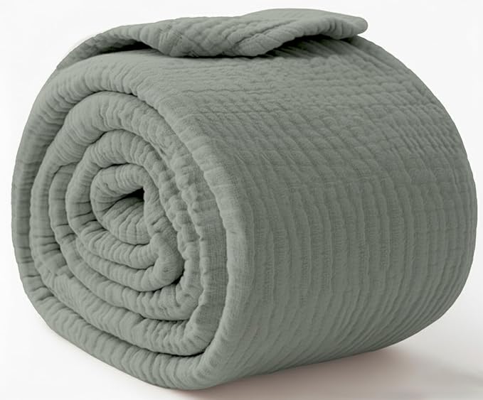 KyraHome Cotton Throw Blankets for Couch, Kids, 50"x60" 100% Organic Cotton Plant Dyed Breathable Lightweight Warm Gauze Muslin Blankets for Adults, Travel, All Season, Sage Green