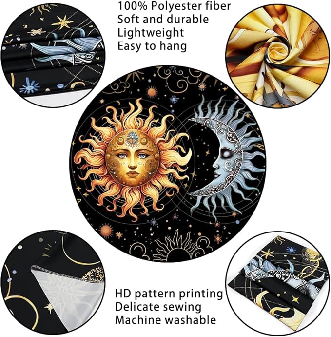 Racunbula Sun and Moon Tapestry Boho Black Golden Tapestry Aesthetic Vintage Moon Star Cloud Wall Tapestries Spiritual Tapestries Wall Hanging for Bedroom