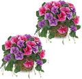 Briful 2 Pack Fake Morning Glory with Handwoven Basket - 8.2" Pink Purple Faux Potted Flowers Silk Floral Table Centerpiece for Home Office Room Shelf Desk Decor