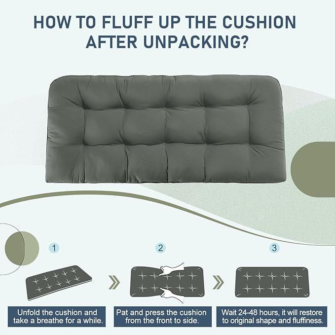 downluxe Outdoor Bench Cushion for Patio Furniture, Waterproof Tufted Overstuffed Porch Swing Cushions, Thick Outdoor Loveseat Cushions, 48" X 18" X 5", Dark Grey, Set of 1