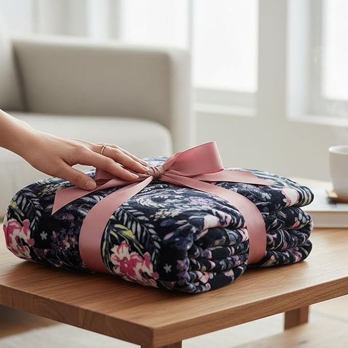 Floral Fleece Throw Blanket: Flowers Velvety Soft Vibrant Botanical Accent for Couch or Bed, Colors: Dark Navy Blue Pink Purple Yellow Green White, Oversized 50" x 70"