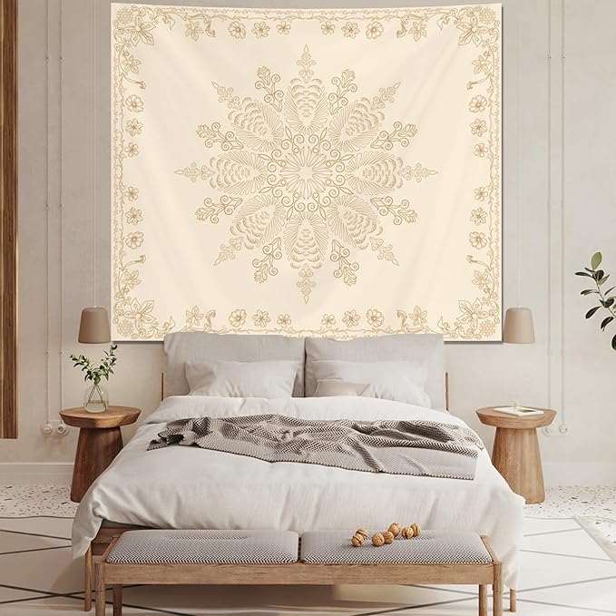 Apdidl Boho Mandala Floral Wall Tapestry for Bedroom Aesthetic, Bohemian Cute Flower Hippie Indian Beige Wall Hanging Blanket, Medallion Art Decor Tapestries for Teen Girls Living Room Dorm 51" X 60"