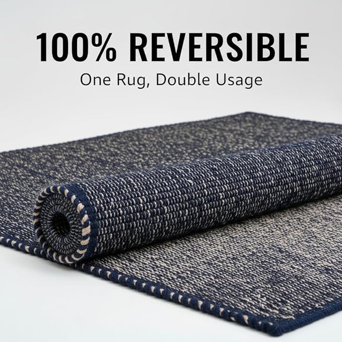 Navy 5X7 Jute Rug Braided Construction - Farmhouse Woven Carpet - Nautical Floor Covering for Bedroom Living Room, 5' x 7'