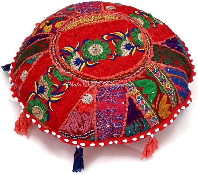 Indian Ethnic Floor Cushion for Kids Bohemian Red 18 Inch Patchwork Meditation Ottoman Stool Home Decor Embroidered Vintage Cotton Round Floor Pillow Adult 18x18