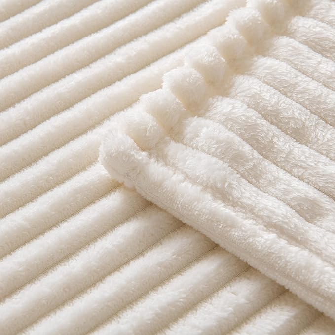 MIULEE Fleece Blanket Queen Size 90"x90" 300GSM Super Soft Lightweight Plush Striped Blanket, Cream White Warm Cozy Breathable Ribbed Full Size Throw for Bed/Sofa/Couch