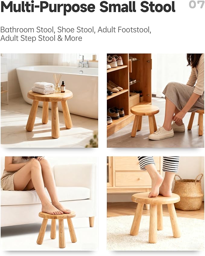 2 Pack Small Solid Wood Stool, Round Wooden Step Stool, Plant Stand or Stool for Kids and Adults, Sturdy Non-Slip Wood Seat for Bathroom, Bedroom, Living Room, Easy to Assemble, Natural
