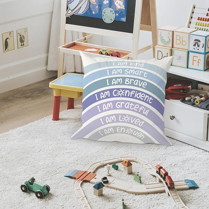 QIYUHOY Rainbow Classroom Throw Pillow Covers, Book Center Calming Corner Playroom Decor Pillow Case, Blue Pillow Cover, I Am Kind Smart Brave Confidence 18x18 Inch Pillowcase（Blue）