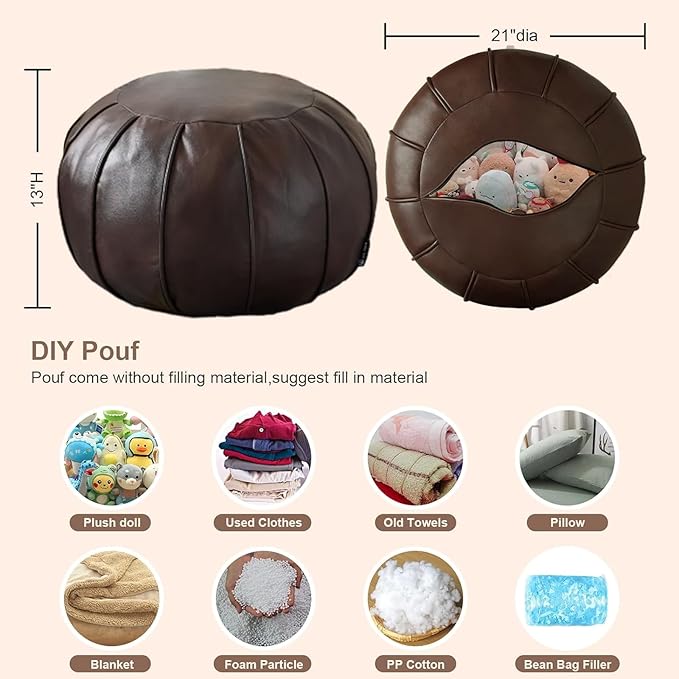 Louis Donné Brown Waterproof Faux Leather Unstuffed Pouf Ottoman, Handmade Moroccan Pouf Cover 21"x13", Round Floor Cushion Floor Chair Footstool for Living Room, Bedroom and Wedding (Only Cover)